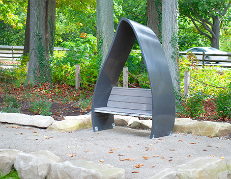 A bench partially made from used wind turbines. 