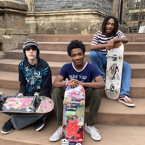 A group of skateboarders in Cleveland's Public Square