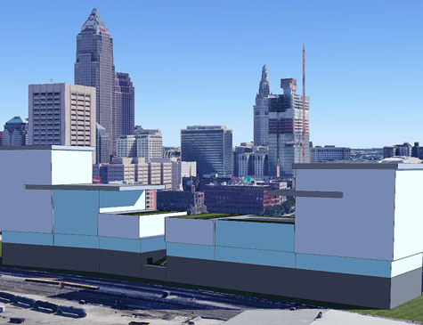 An unofficial conceptual massing (a rendering to show scale, not design) of what a new Consolidated Courthouse could look like if built near the lakefront at The Pit between Cleveland's West 3rd Street, at left, and West 9th Street, at right.