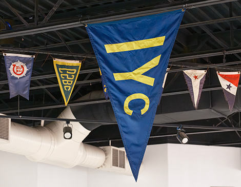 Intercity Yacht Club flag hangs in its event hall.