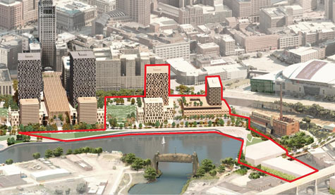 Bedrock Real Estate’s first phase of its riverfront development master plan is outlined in red (Adjaye Associates).