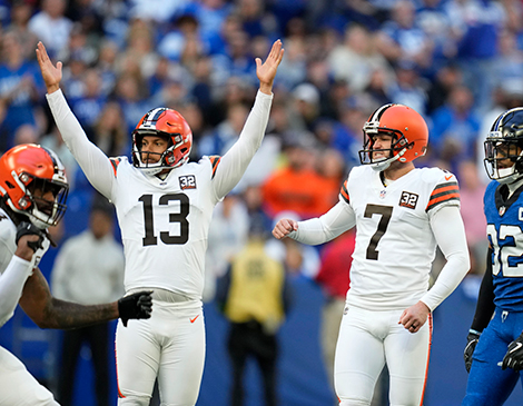 Cleveland Browns punter Corey Bojorquez and kicker Dustin Hopkins celebrate a made field goal against the Indianapolis Colts.