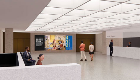 Rendering of the Horace Kelley Art Foundation North Lobby with updated lighting, flooring, signage and coat check (CMA).