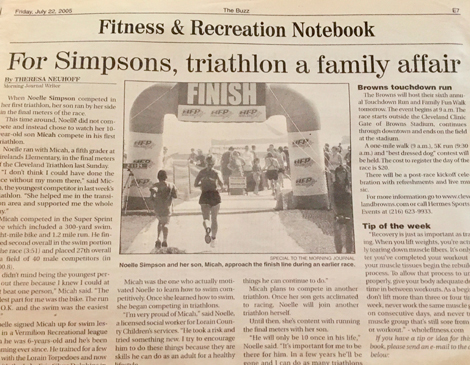 A local newspaper clip highlights Micah's success in local triathlons at age 10.