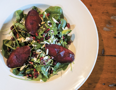Watercress and  Poached Pear Salad  with Chocolate Port  Wine Dressing