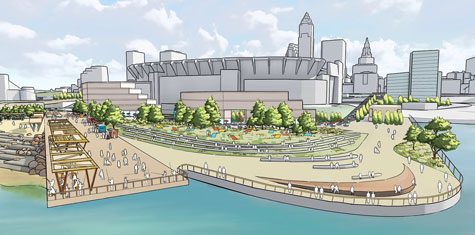 A fishing pier at left and, to its right, a lawn to watch shipping activity at the Port of Cleveland are among the features proposed to be included in the city’s lakefront plan.
