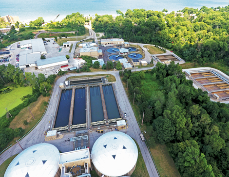 An aerial view of the Rocky River Waste Water Treatment Plant