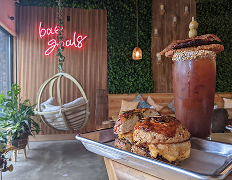 Cocky's Bagel Sandwich and Bloody Mary drink